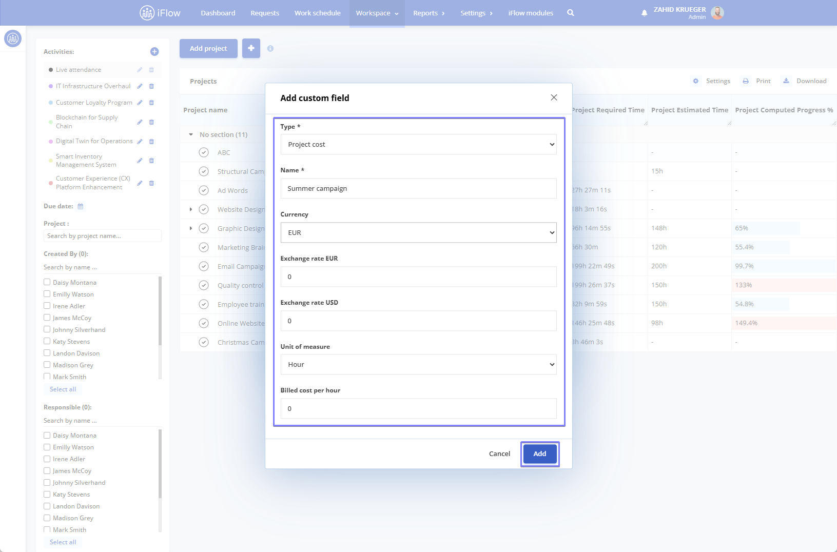 image illustrating how to set project costs in hr iflow - step 1