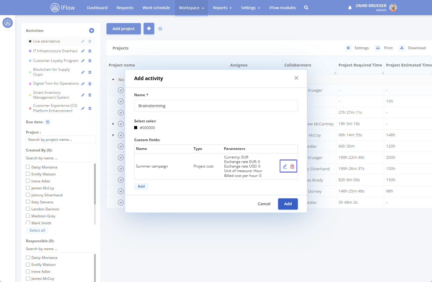image illustrating how to set project costs in hr iflow - step 2