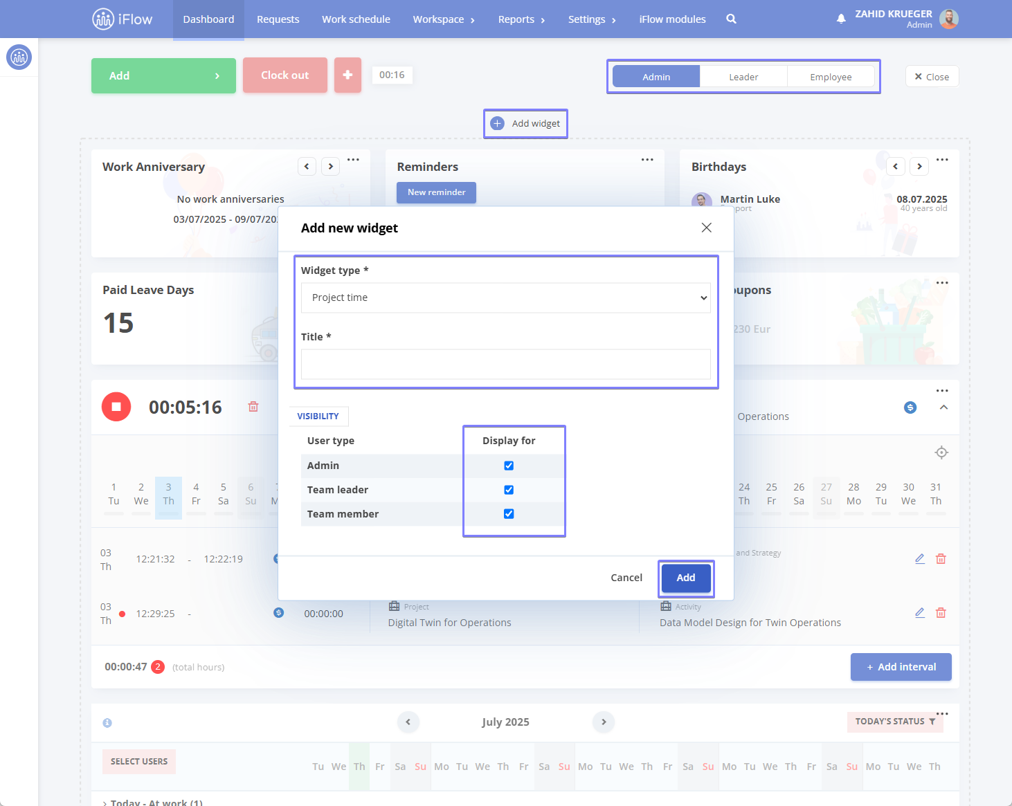 image illustrating how to add the project time tracking widget from the general dashboard