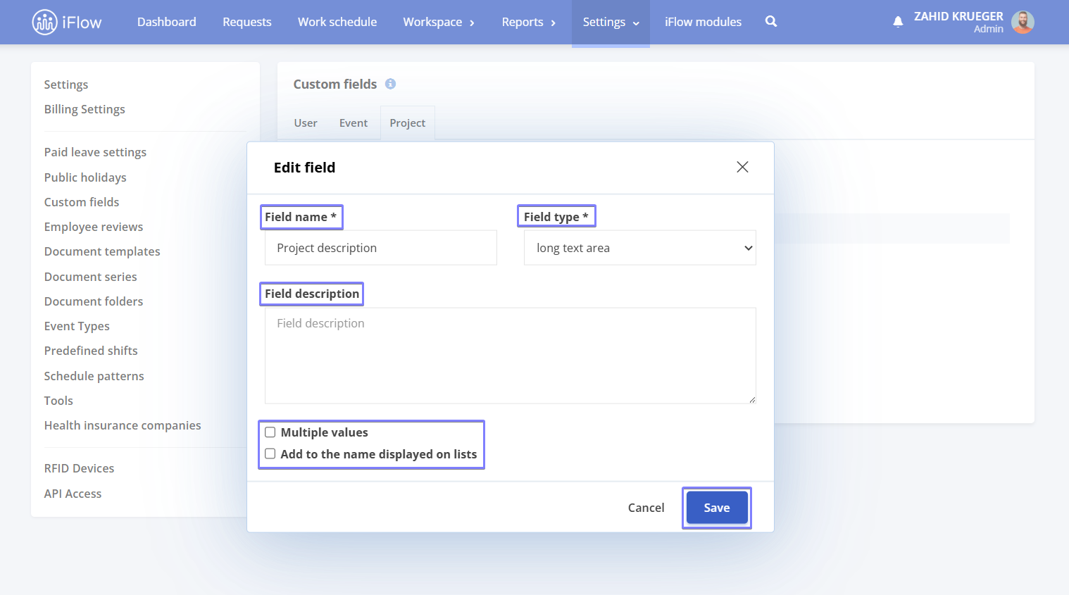 image illustrating how to create a custom field for projects in hr iflow app - step 2
