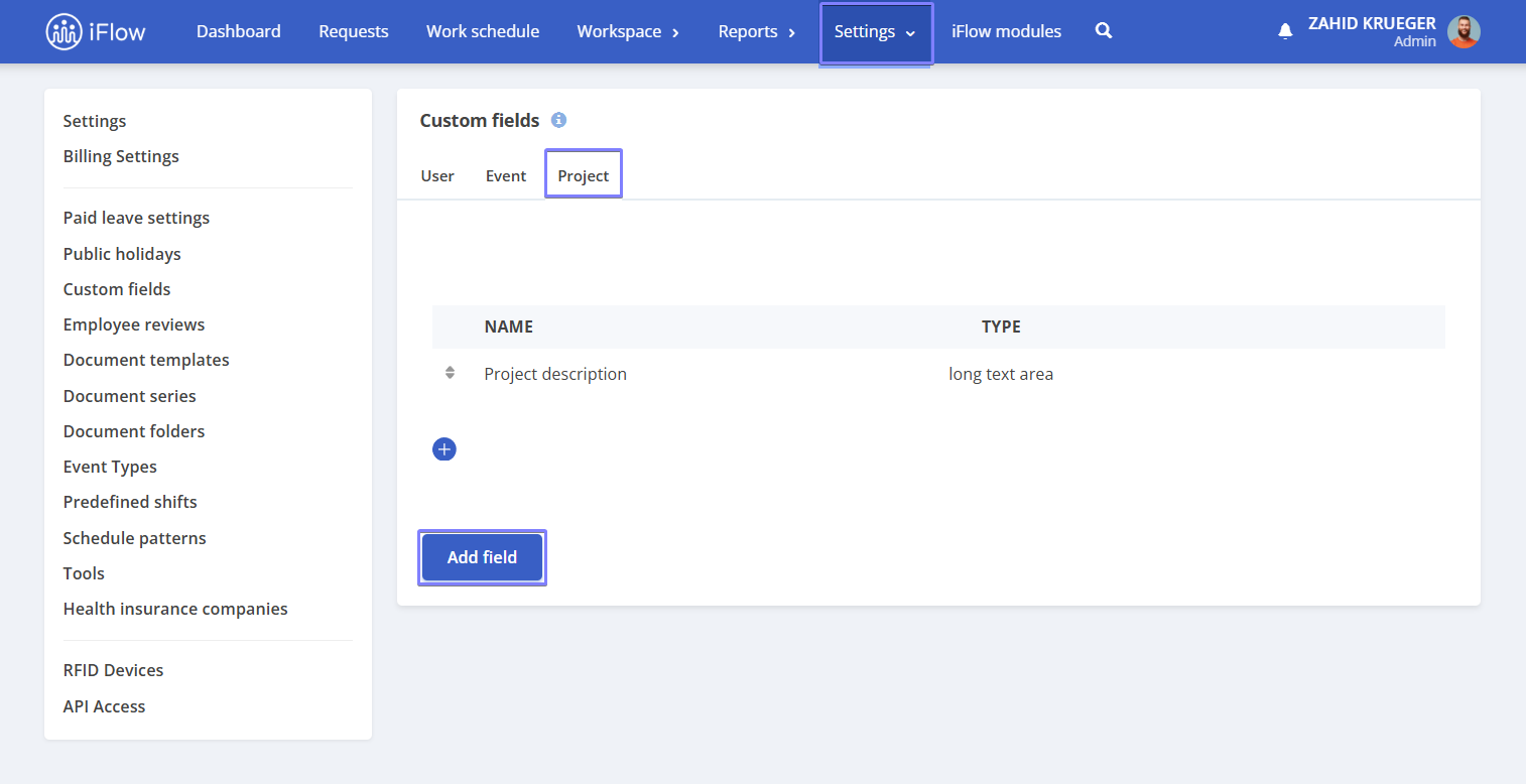 image illustrating how to create a custom field for projects in hr iflow app - step 1