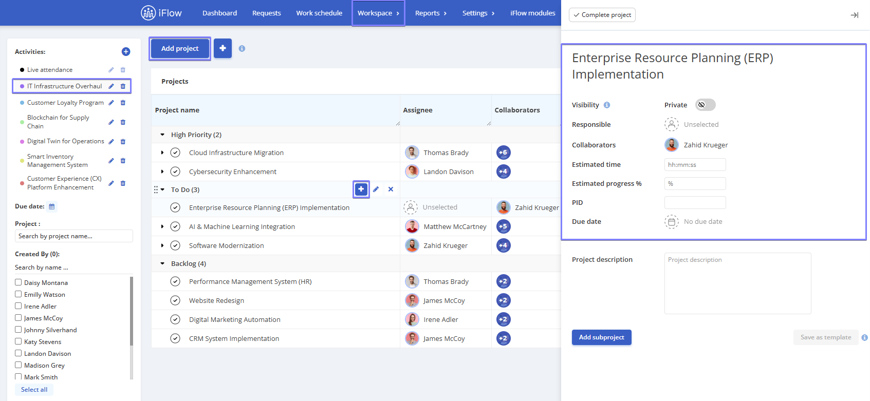 picture illustrating how to create a project in hr iflow app