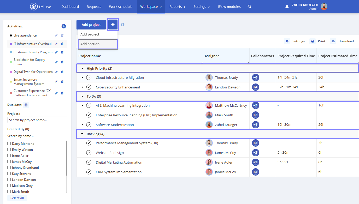 picture illustrating how to create a section for a project in hr iflow app