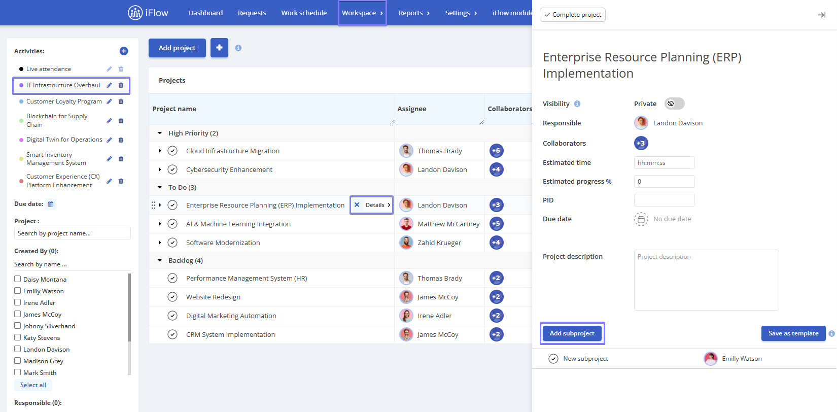 image illustrating how to create a subproject in the hr iflow app