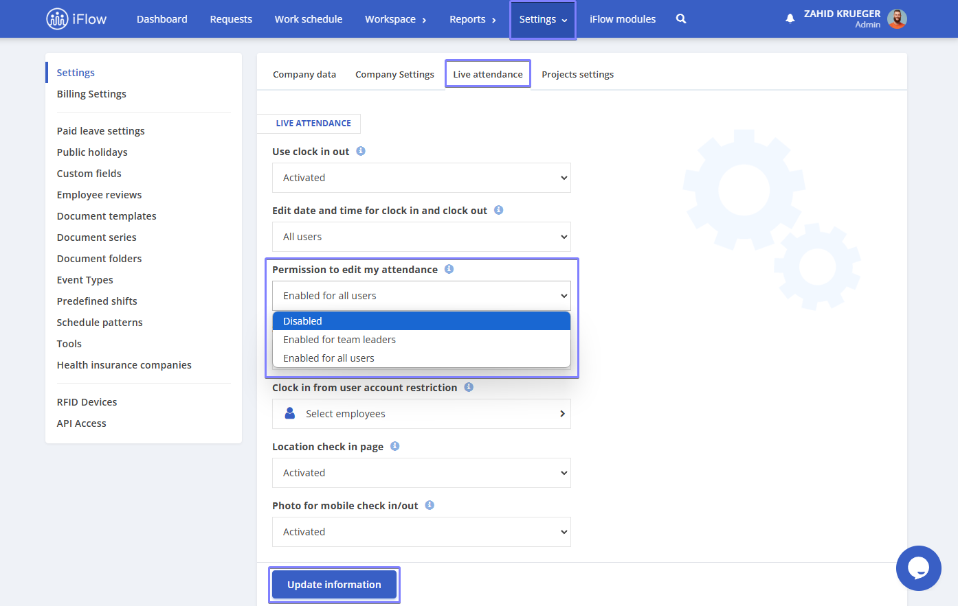 image illustrating how to enable permission to edit work time in hr iflow app
