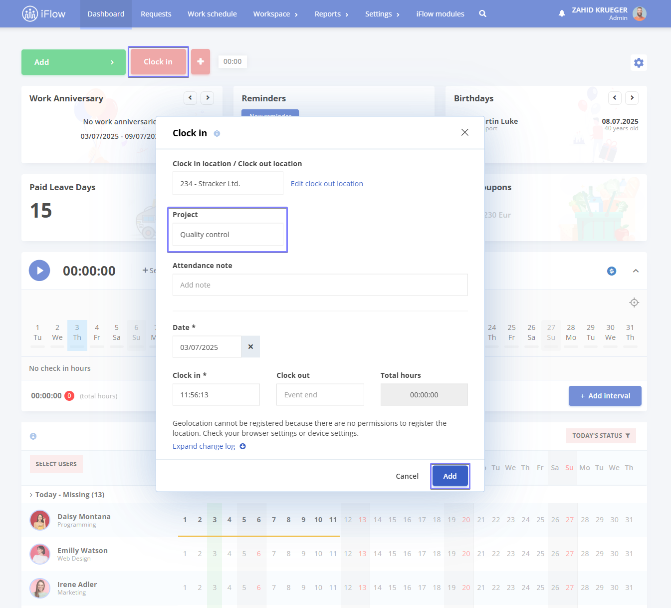 image illustrating how to record time on projects in hr iflow app
