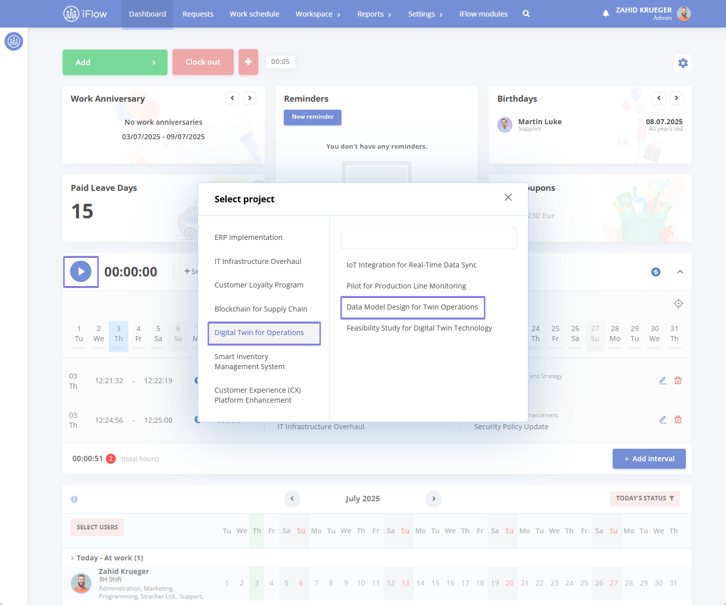 image illustrating how to record work time on projects in hr iflow - step 1