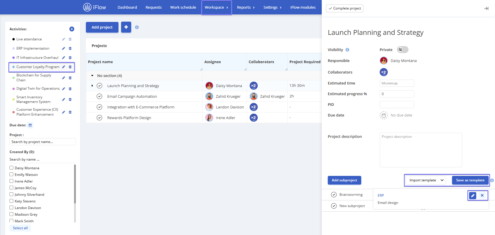 image illustrating how to save projects as a template in hr iflow app