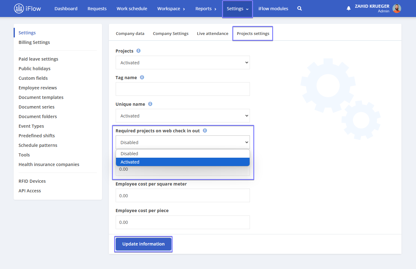 image illustrating how to set a mandatory project for time tracking in the hr iflow app