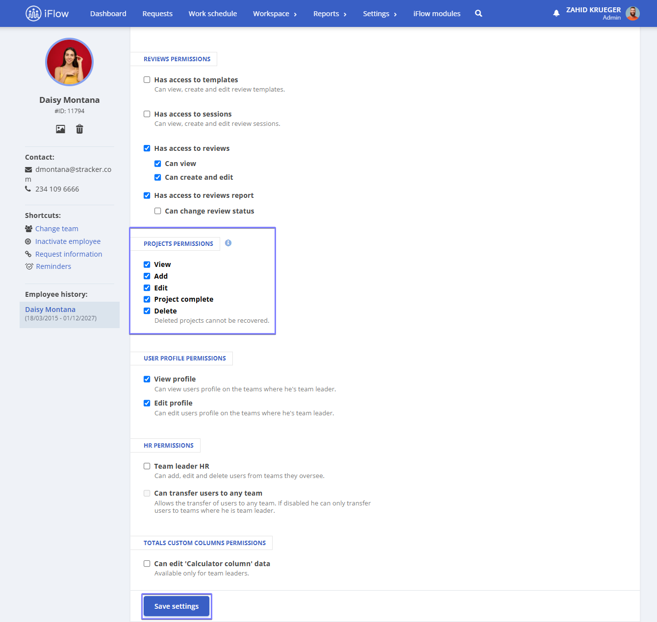 project permissions in hr iflow app