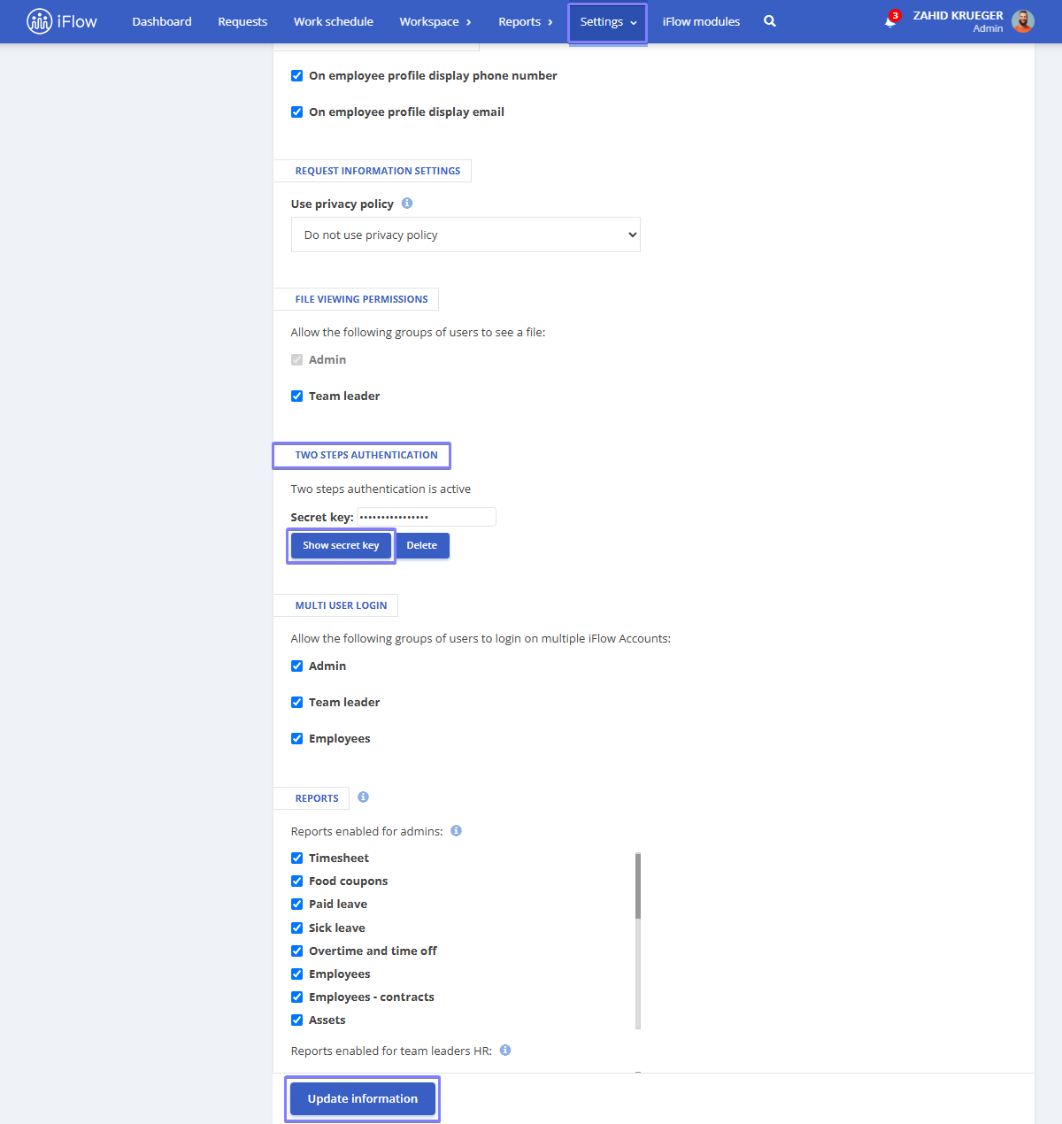 Image from the iFlow app illustrating how to enable 2fa at company level