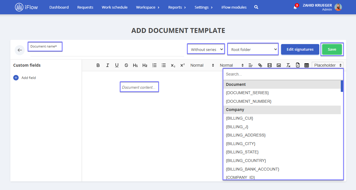 Picture illustrating how to create a document template in iFlow - step 2