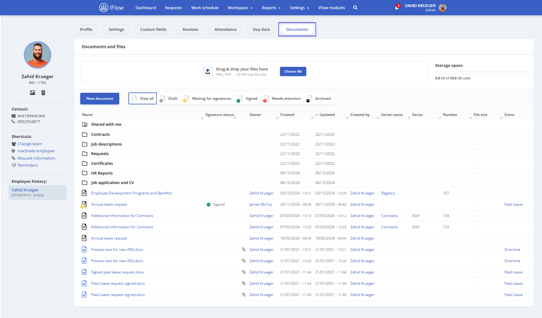 Picture illustrating how to upload documents in the application from the employee profile
