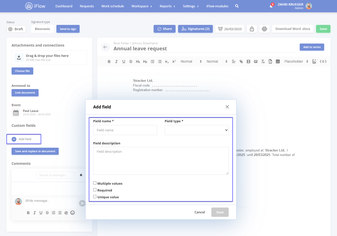 Image from the iFlow app illustrating how to add custom fields to a template - step 2