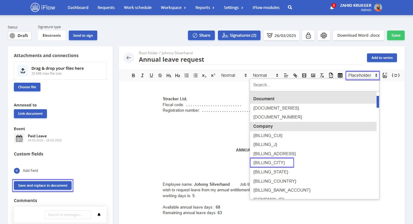 Image from the iFlow app illustrating how to add custom fields to a template - step 3