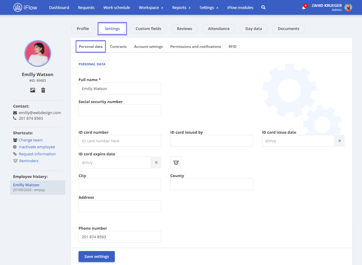 Picture illustrating how to add a signature to the employee profile - step 1