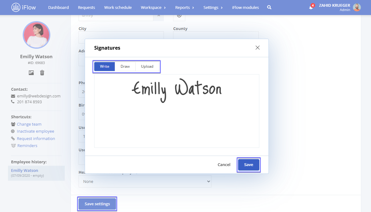 Picture illustrating how to add a signature to the employee profile - step 2