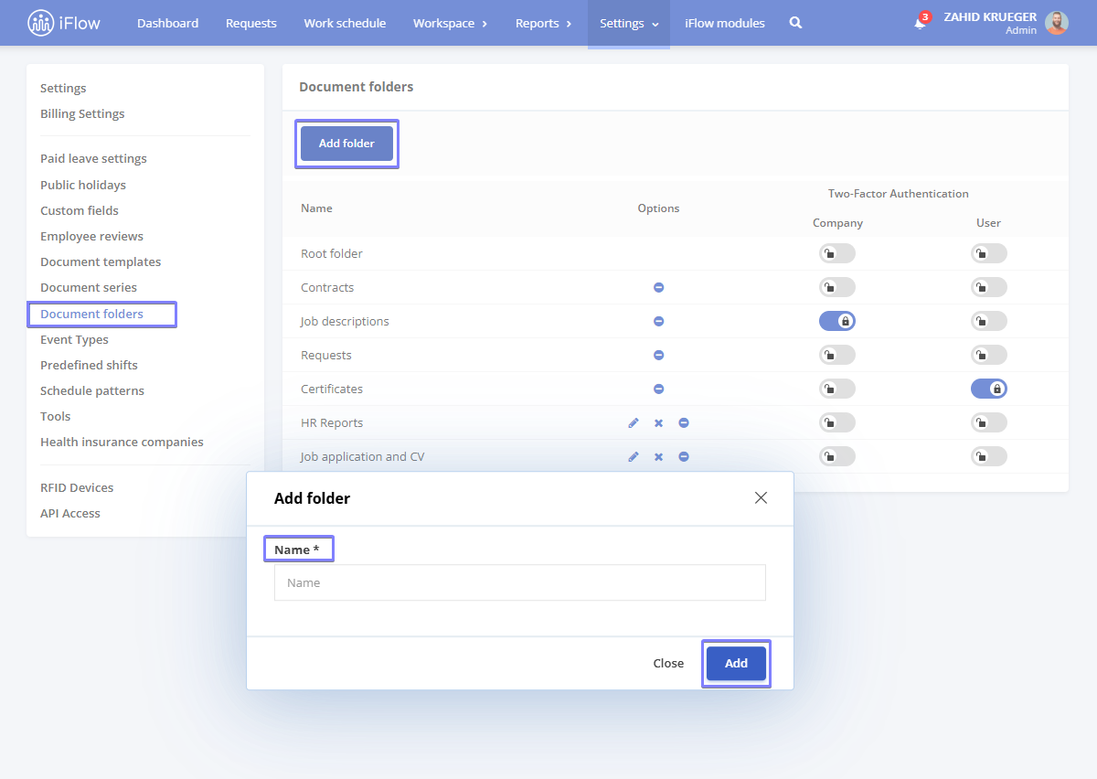 Image from the iFlow app illustrating how to create a document folder