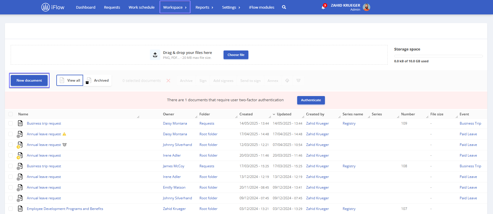Image from the iFlow app illustrating how to create a new company level document - step 1