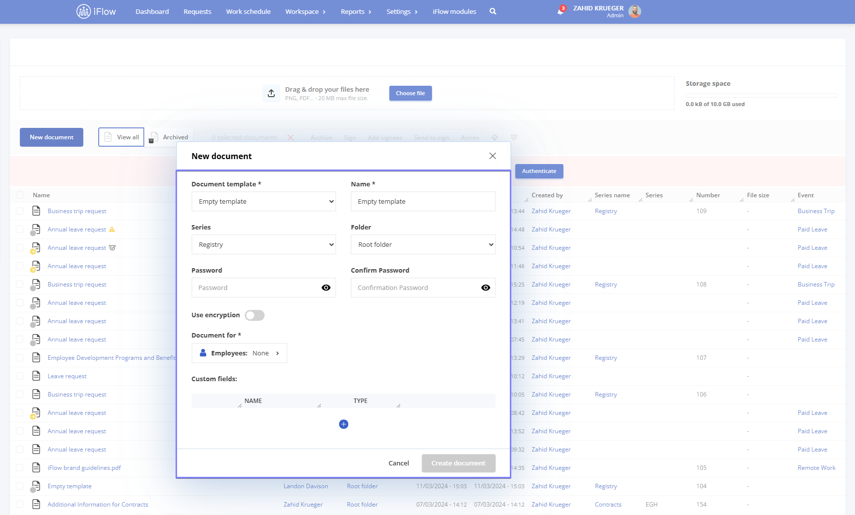 Image from the iFlow app illustrating how to create a new company level document - step 2