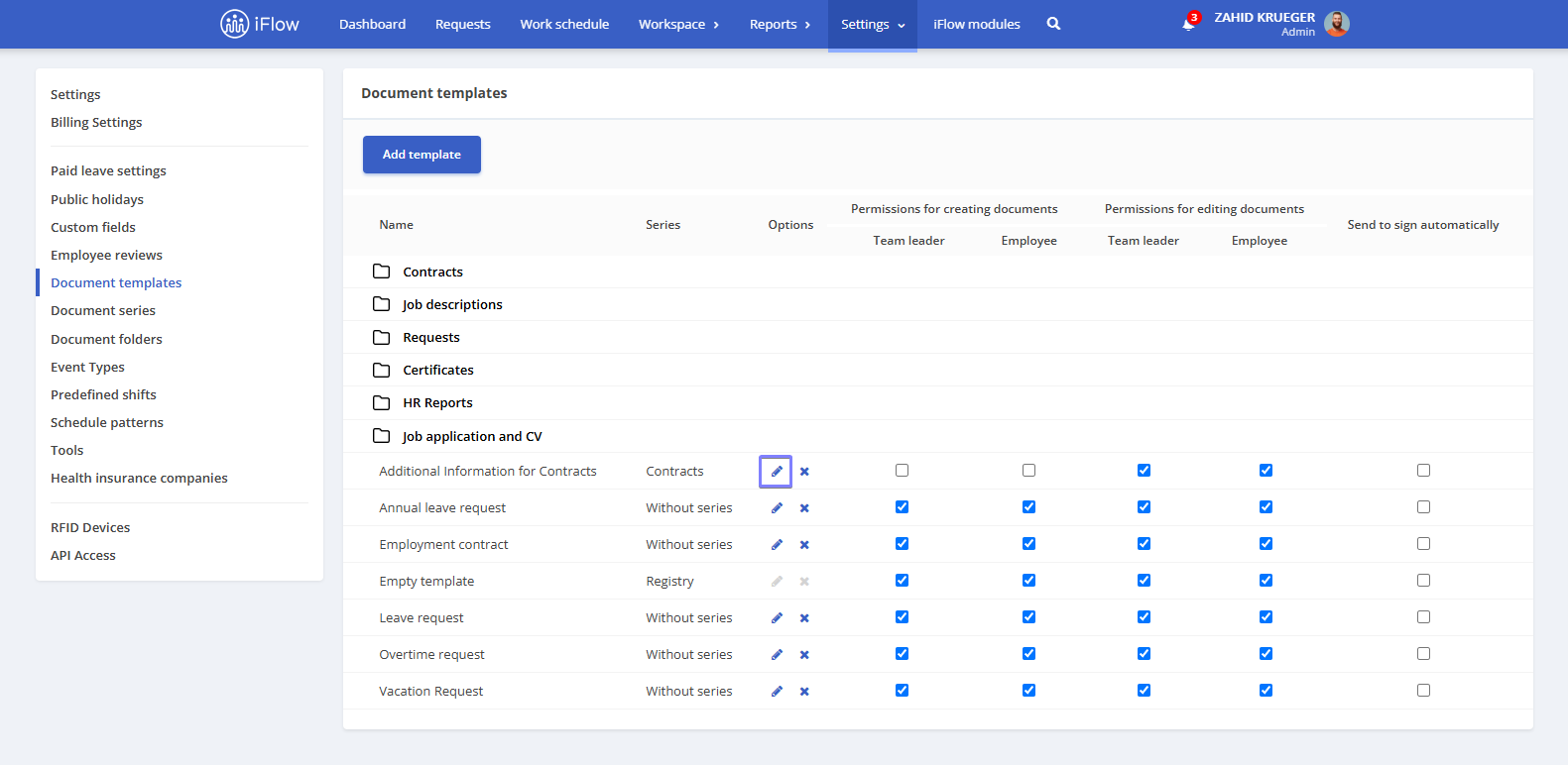 Image illustrating how to edit a document template in iFlow