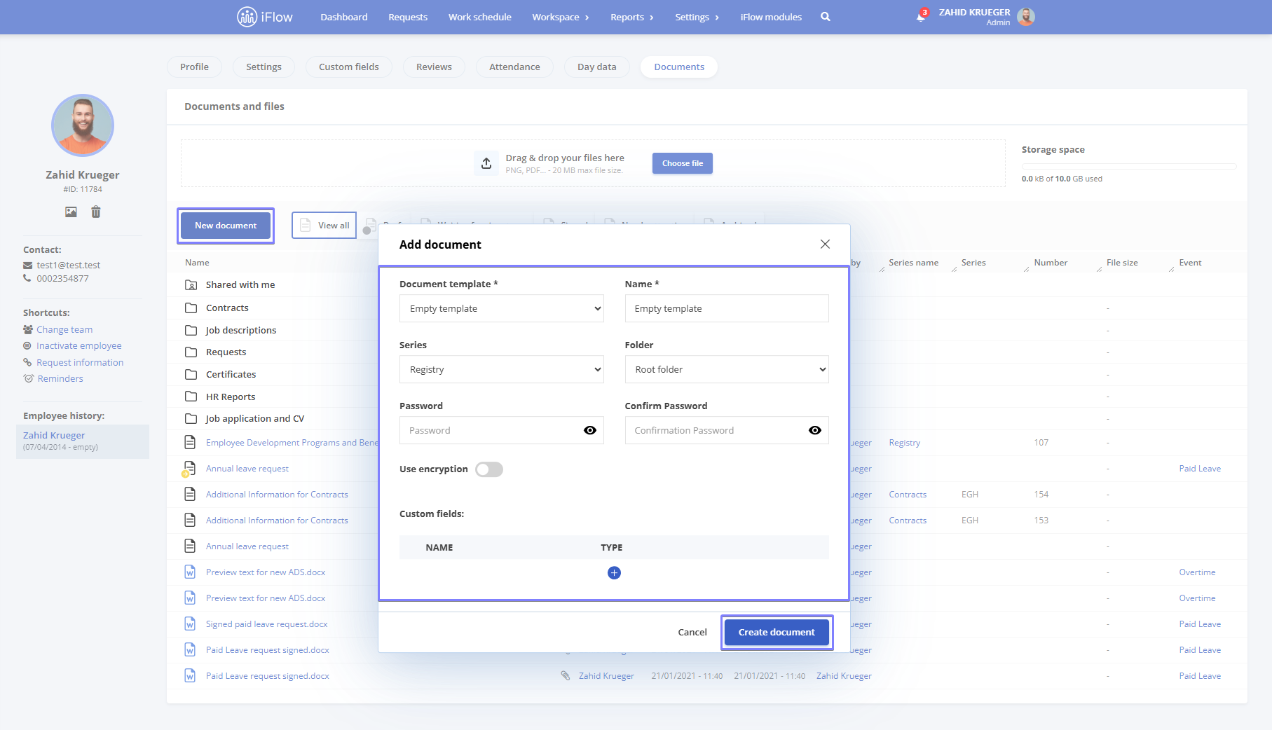Image from the iFlow app illustrating how to generate a new ocument from an employee's profile