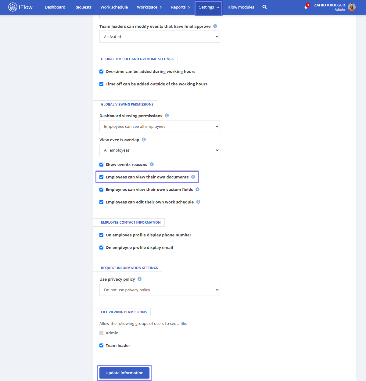 Image from the iFlow app illustrating how to grant employees permission to view documents