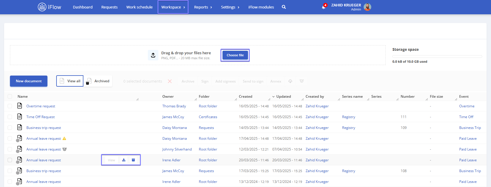 Picture illustrating how to upload documents in the application from the workspace menu