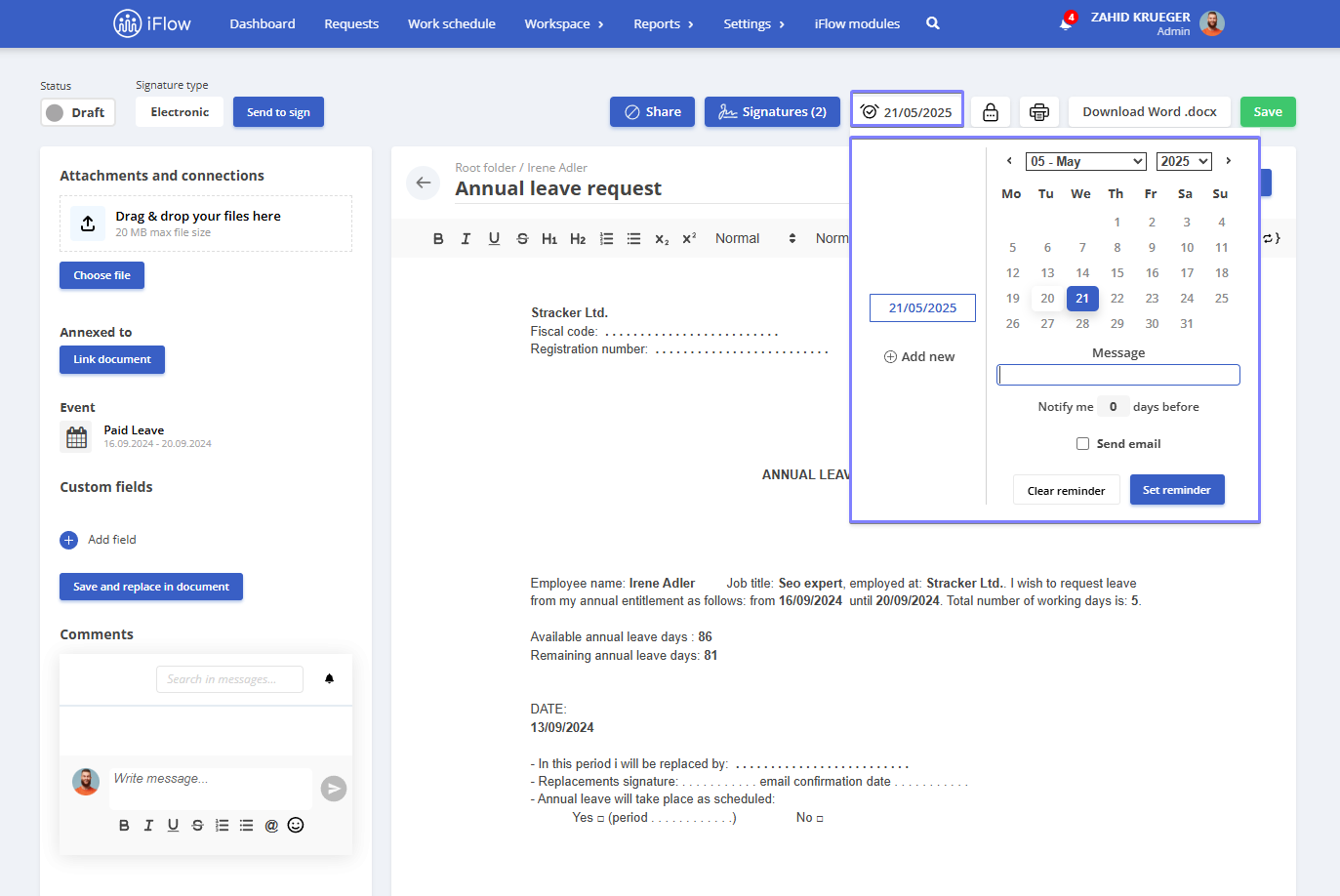 Picture illustrating how to set a reminder for a document in iflow