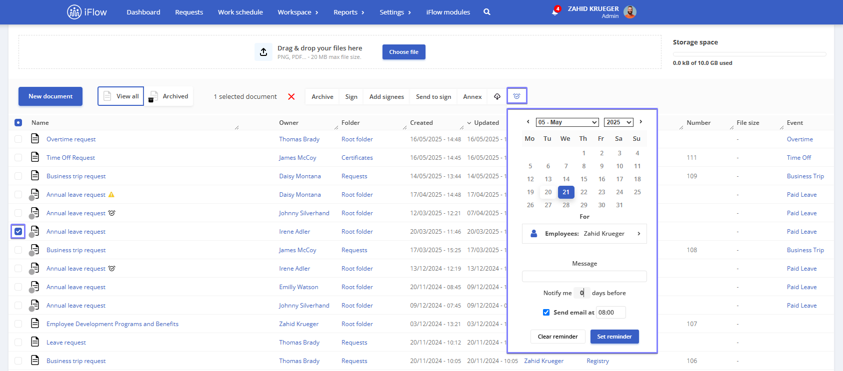 Picture illustrating how to set a reminder for signers in iflow