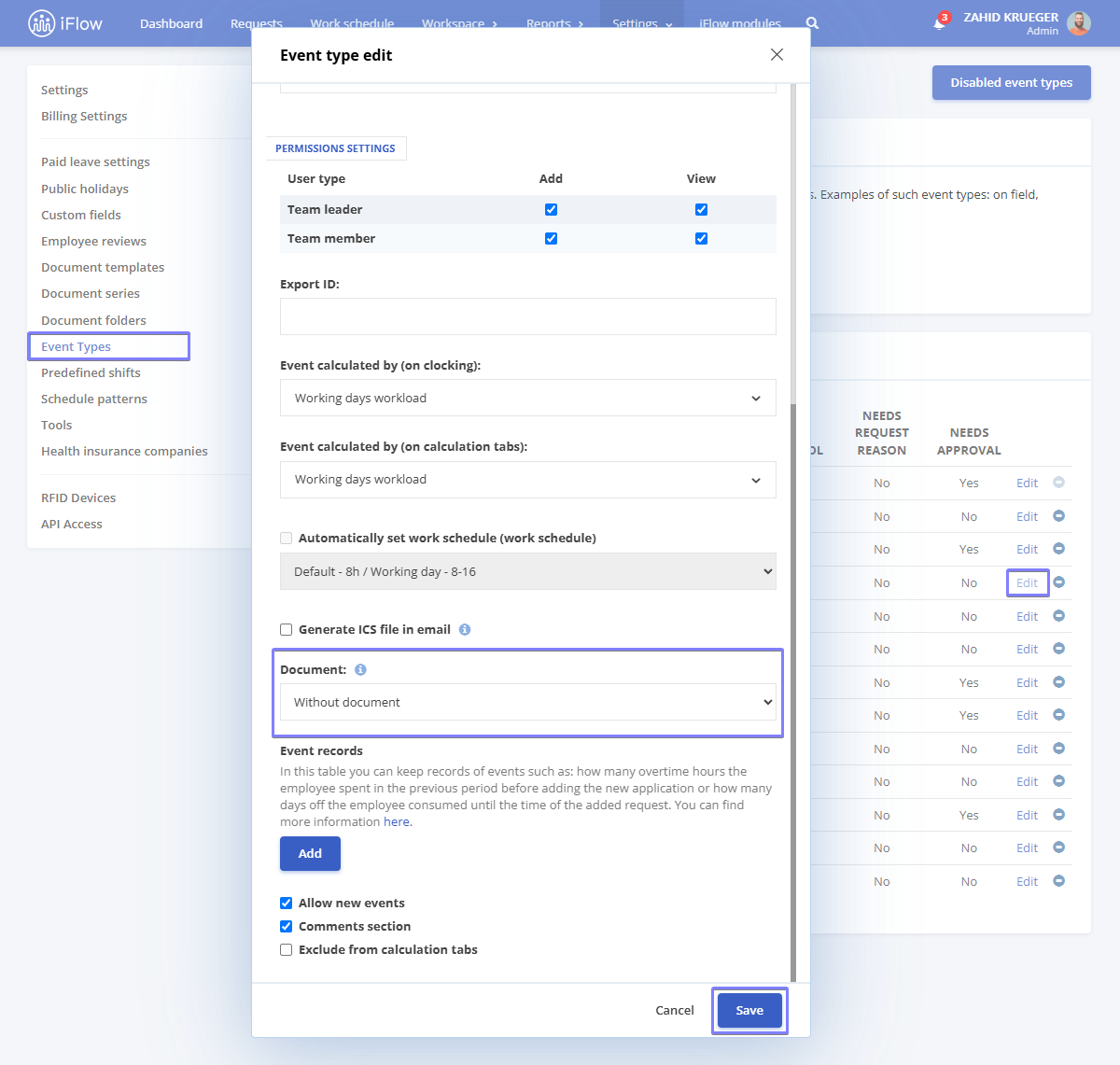 Image from the iFlow app illustrating how to set up automatic document generation from an event