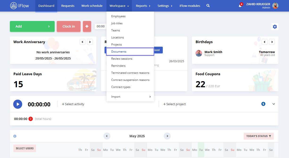 Image from the iFlow app illustrating how to access documents as an administrator or hr leader