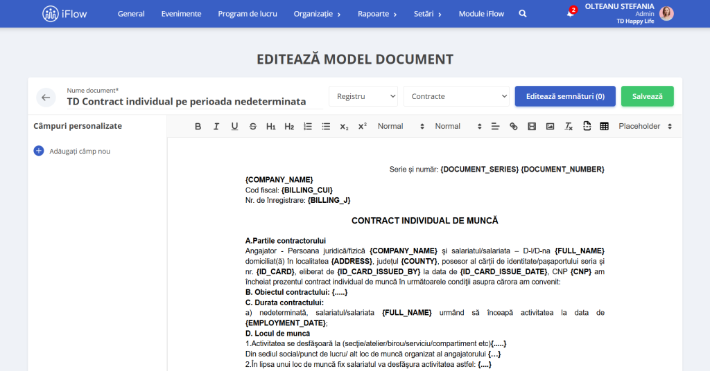Captură de ecran din aplicația iflow în care este generat un model de document de contract individual de muncă