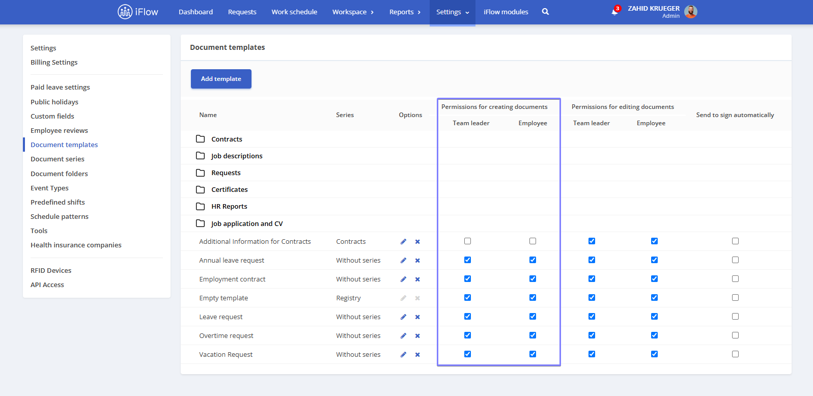 Image from the iFlow app illustrating how to set permissions for document templates in iFlow