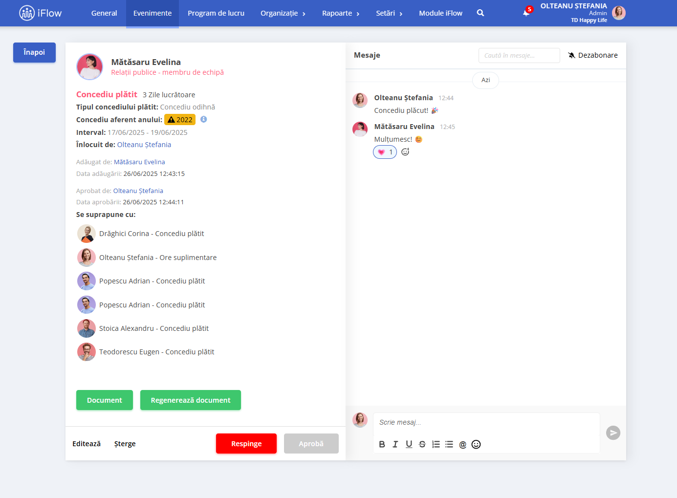 Imagine cu chatul dedicat disponibil în aplicația HR iFlow care facilitează schimbul de informații între angajați