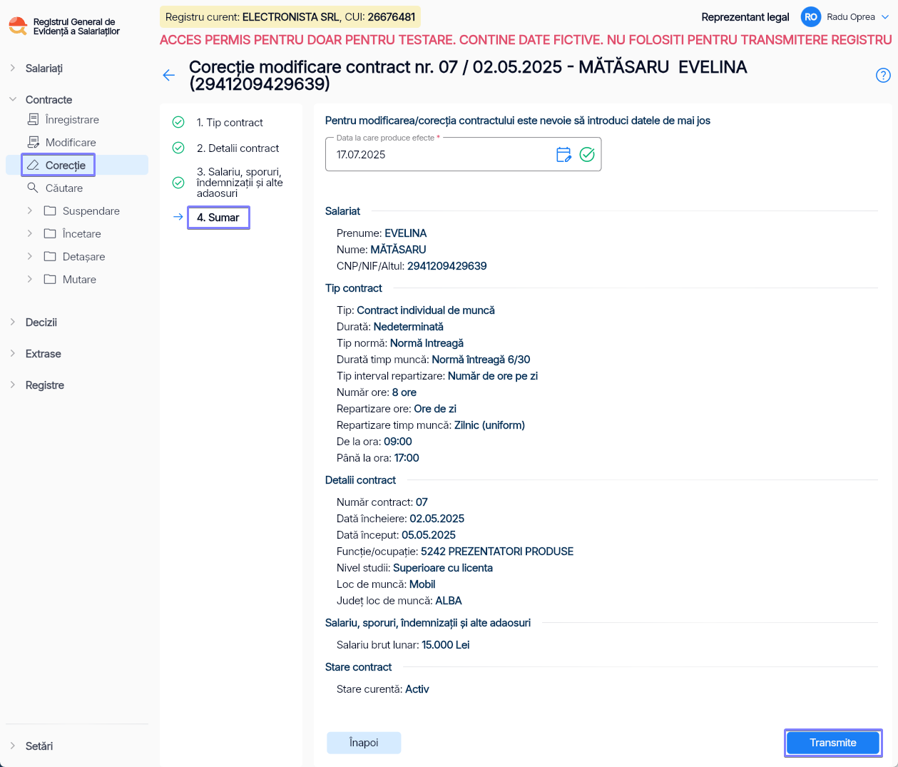 Imagine ilustrativă pași pentru corecția contractului unui salariat în Reges Online - Pasul 4