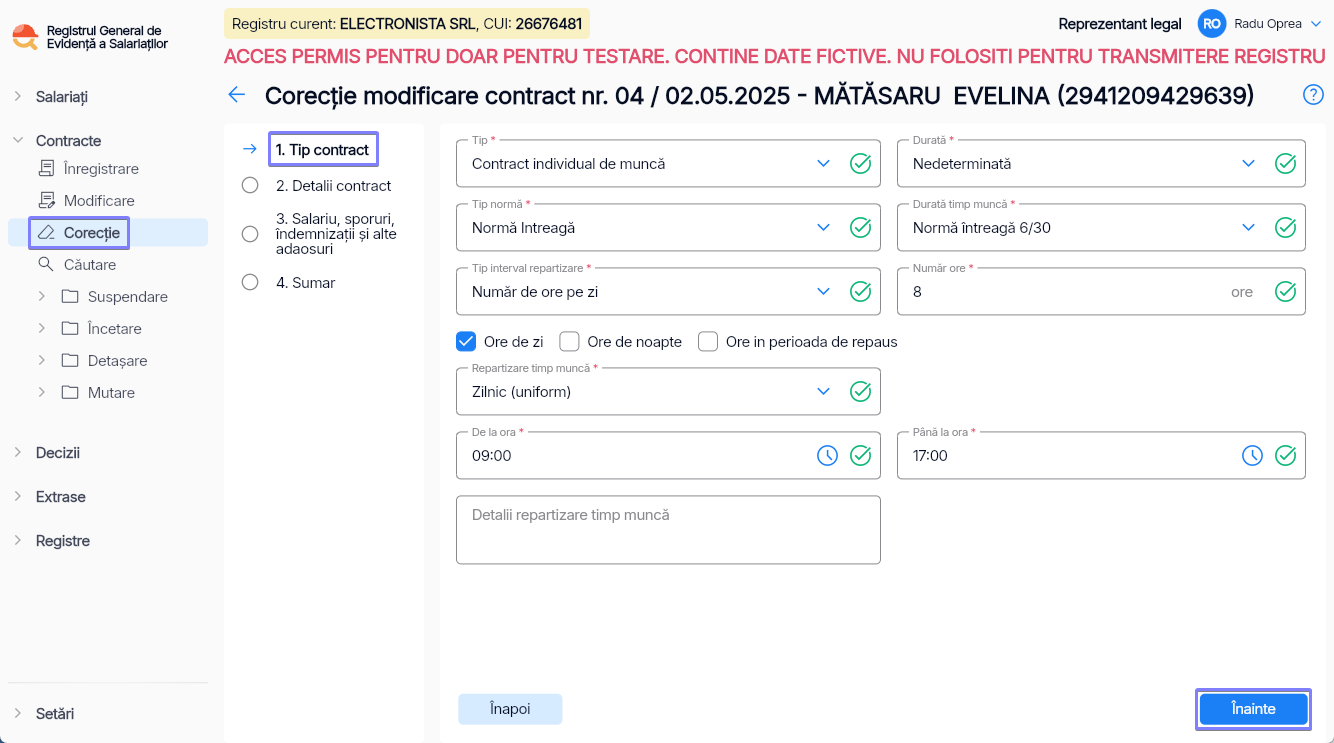 Imagine ilustrativă pași pentru corecția contractului unui salariat în Reges Online - Pasul 1