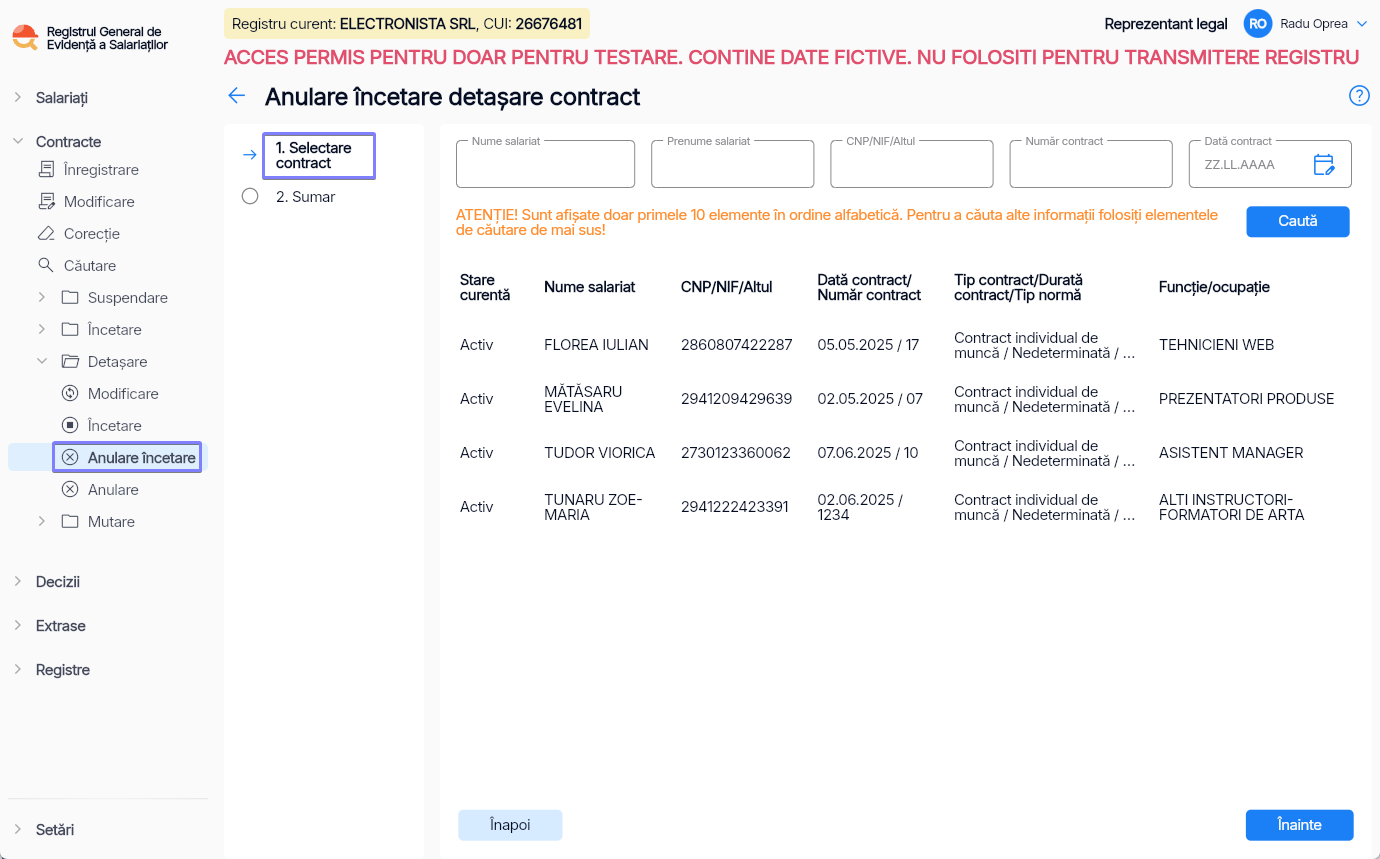 Imagine ilustrativă pași pentru anularea încetării detașării unui contract în Reges Online - Pasul 1