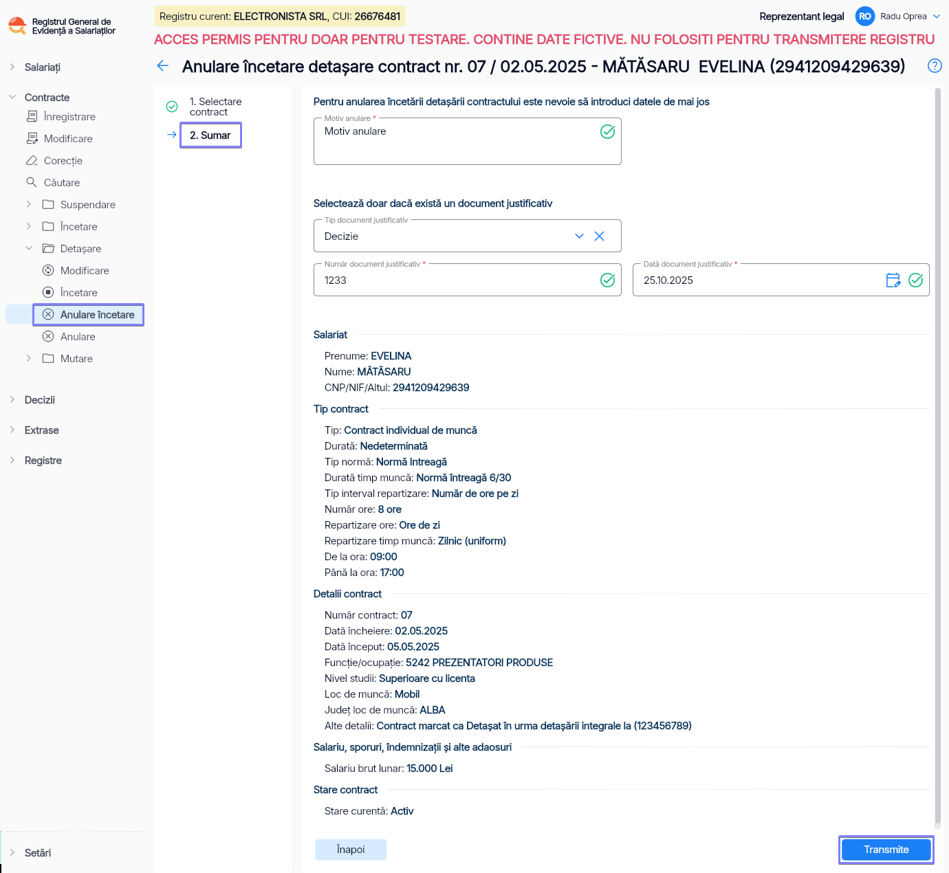 Imagine ilustrativă pași pentru anularea încetării detașării unui contract în Reges Online - Pasul 2
