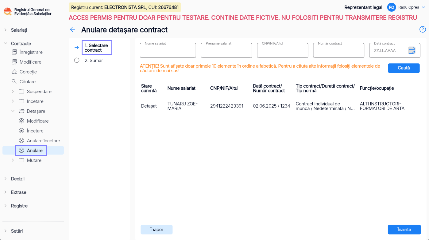 Imagine ilustrativă pași pentru anularea detașării unui contract în Reges Online - Pasul 1