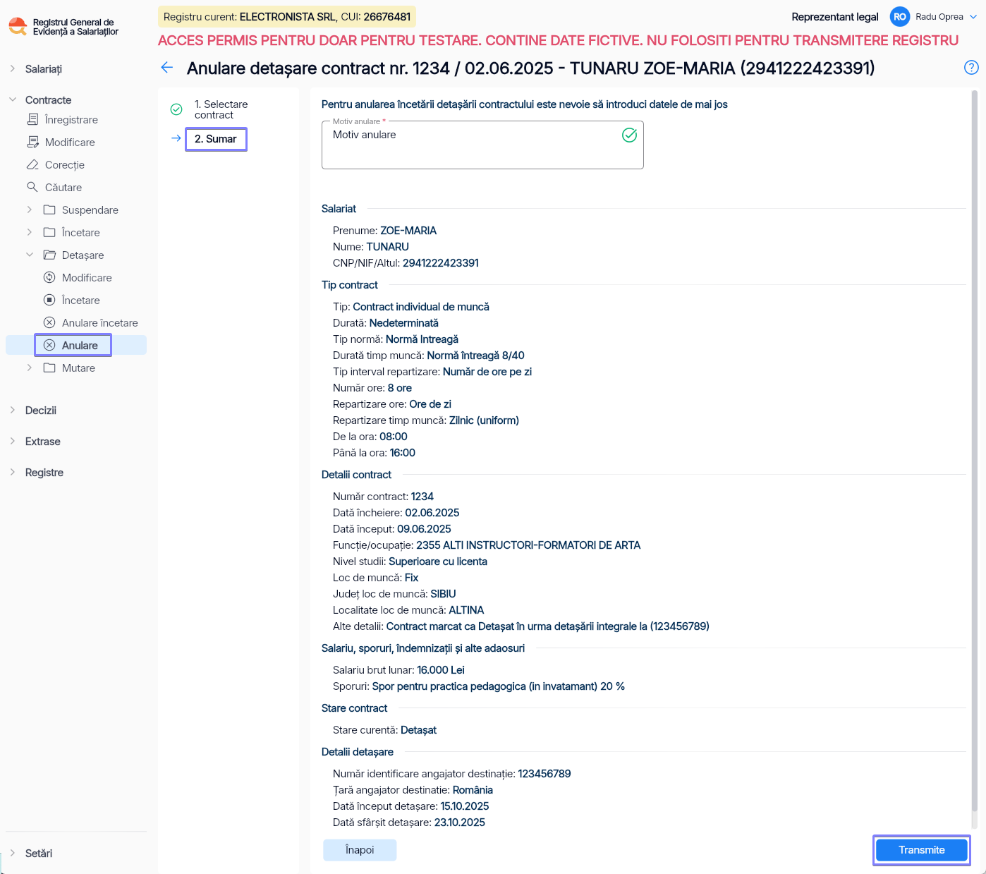 Imagine ilustrativă pași pentru anularea detașării unui contract în Reges Online - Pasul 2