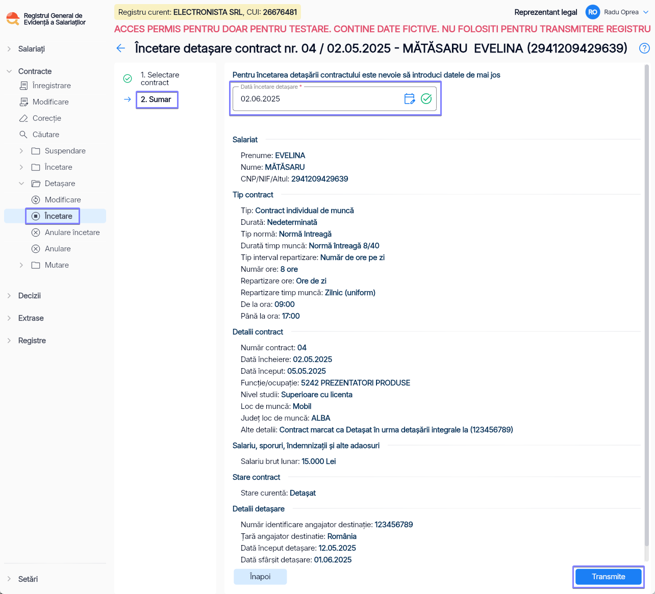 Imagine ilustrativă pași pentru încetarea detașării unui contract în Reges Online - Pasul 2