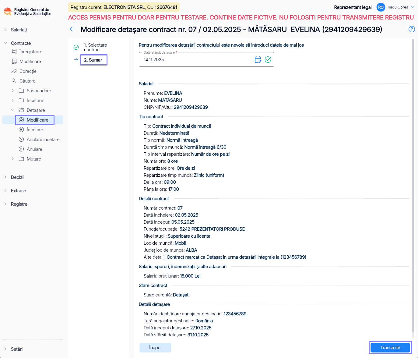 Imagine ilustrativă pași pentru modificarea detașării unui contract în Reges Online - Pasul 2