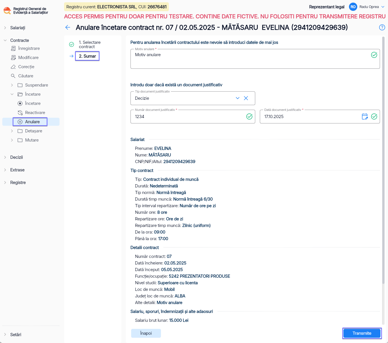 Imagine ilustrativă pași pentru anularea încetării contractului unui salariat în Reges Online - Pasul 2
