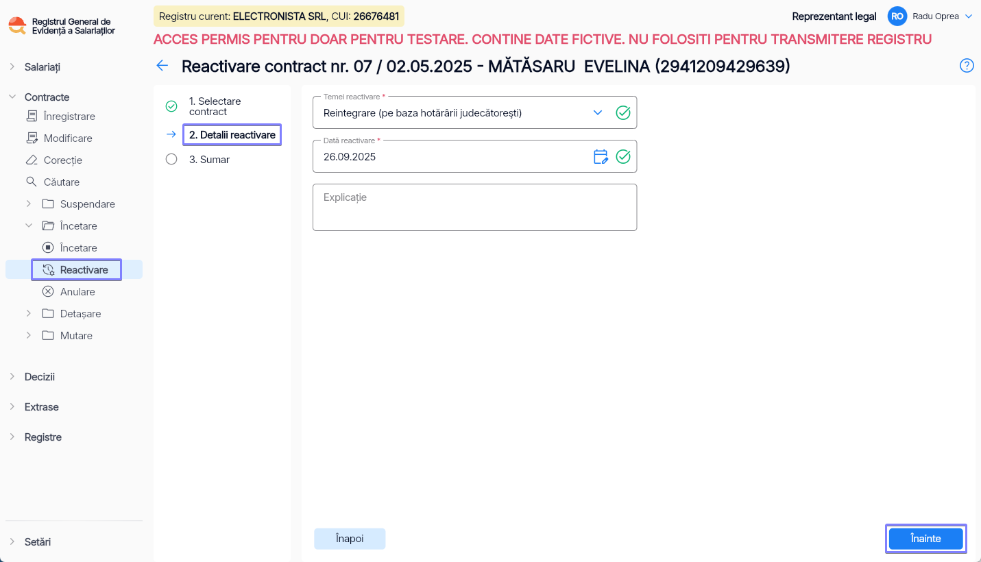 Imagine ilustrativă pași pentru reactivarea contractului unui salariat în Reges Online - Pasul 2