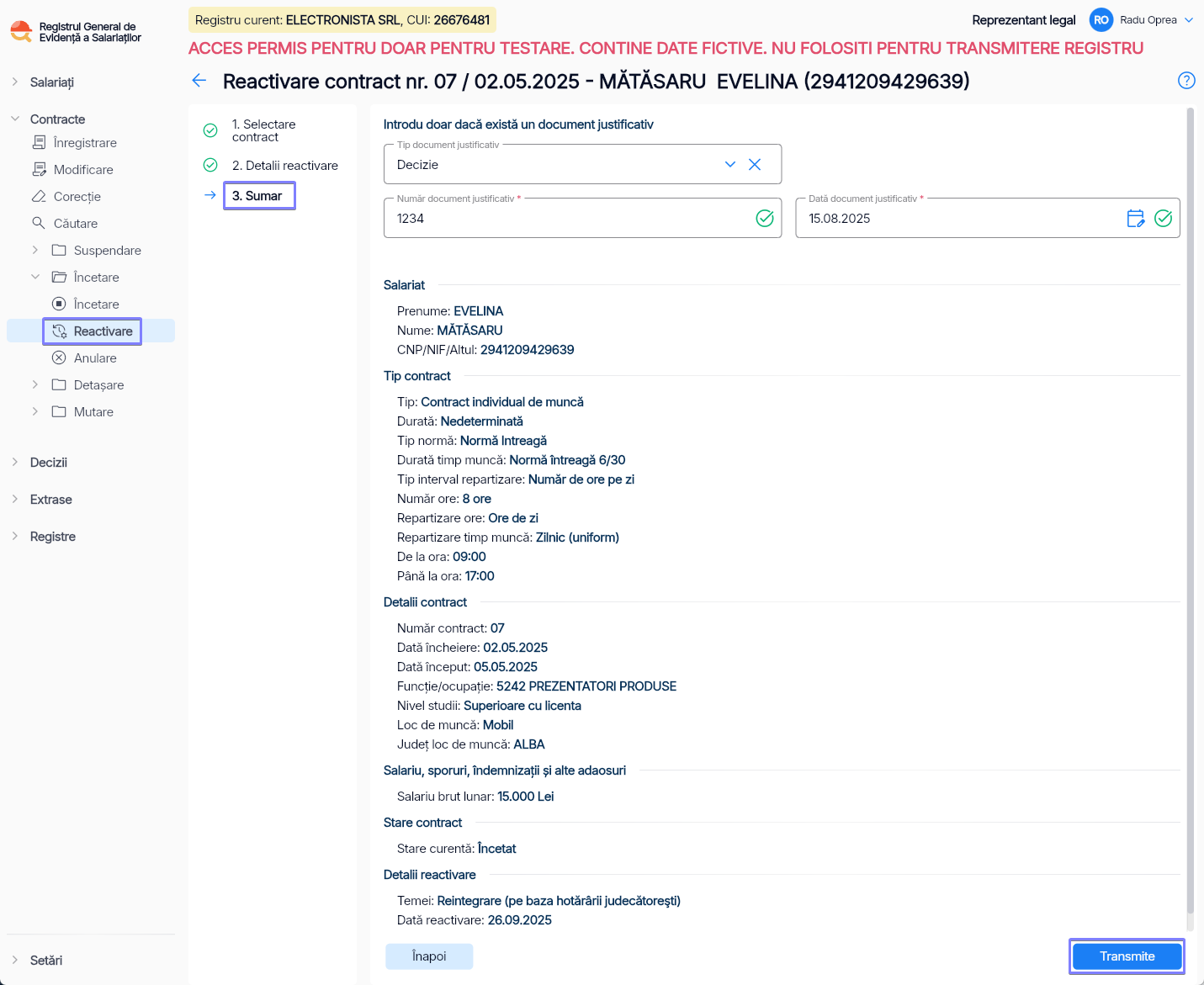 Imagine ilustrativă pași pentru reactivarea contractului unui salariat în Reges Online - Pasul 3
