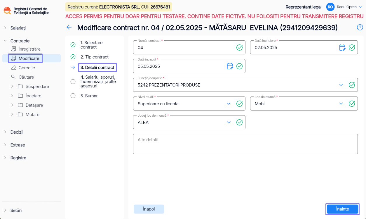 Imagine ilustrativă pași pentru modificareacontractului unui salariat în Reges Online - Pasul 3
