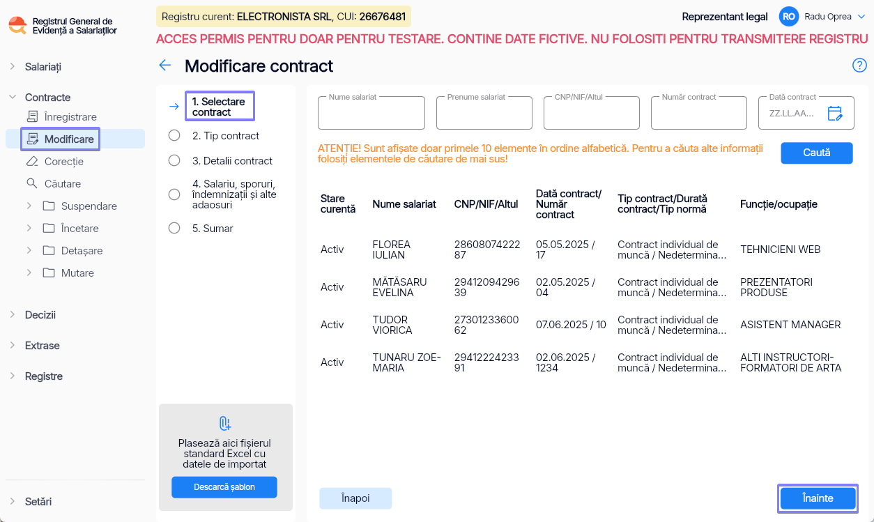 Imagine ilustrativă pași pentru modificareacontractului unui salariat în Reges Online - Pasul 1