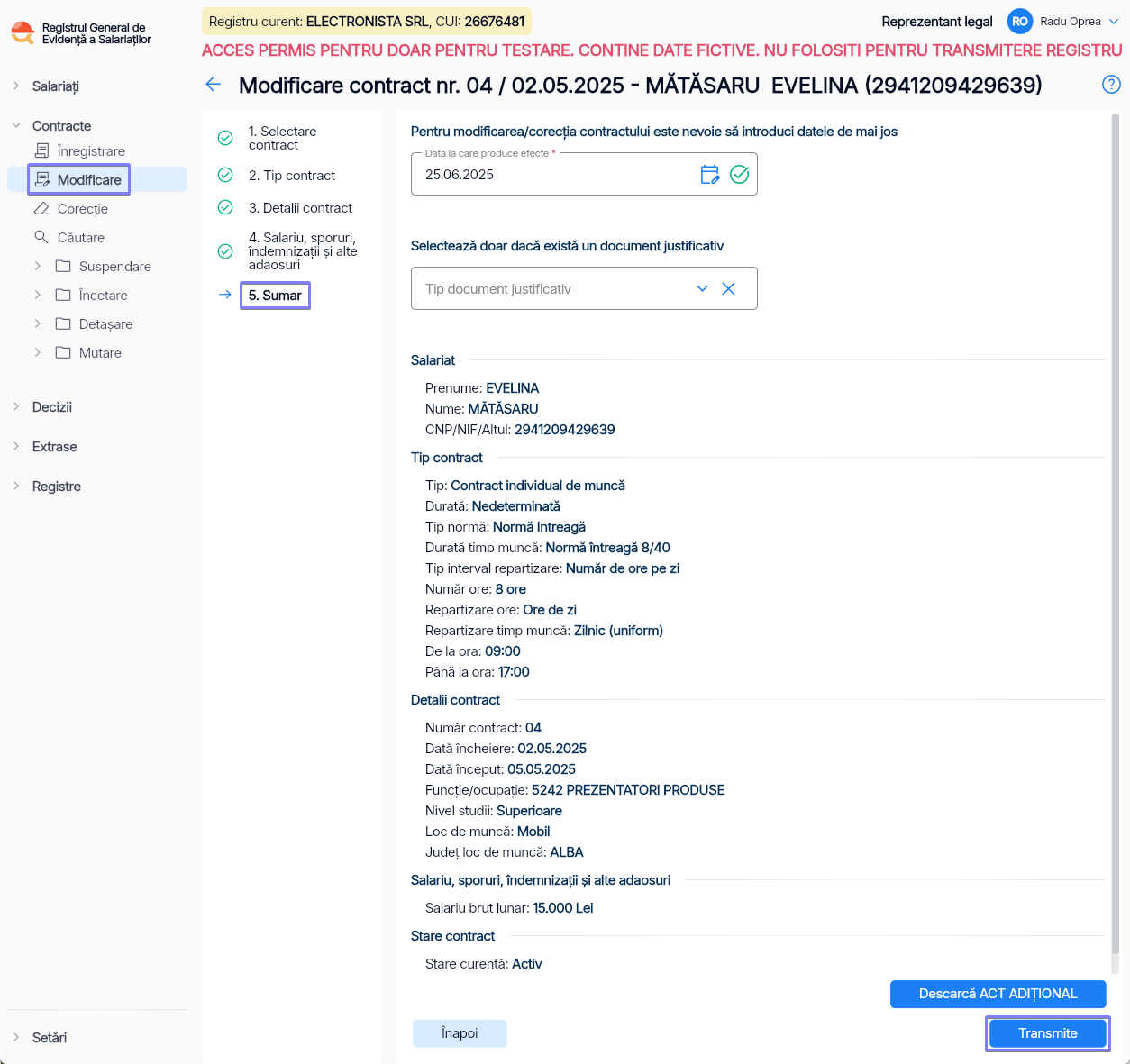 Imagine ilustrativă pași pentru modificareacontractului unui salariat în Reges Online - Pasul 5