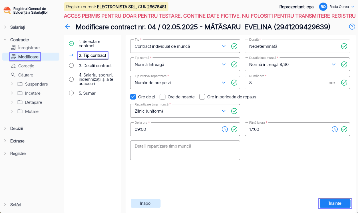 Imagine ilustrativă pași pentru modificareacontractului unui salariat în Reges Online - Pasul 2